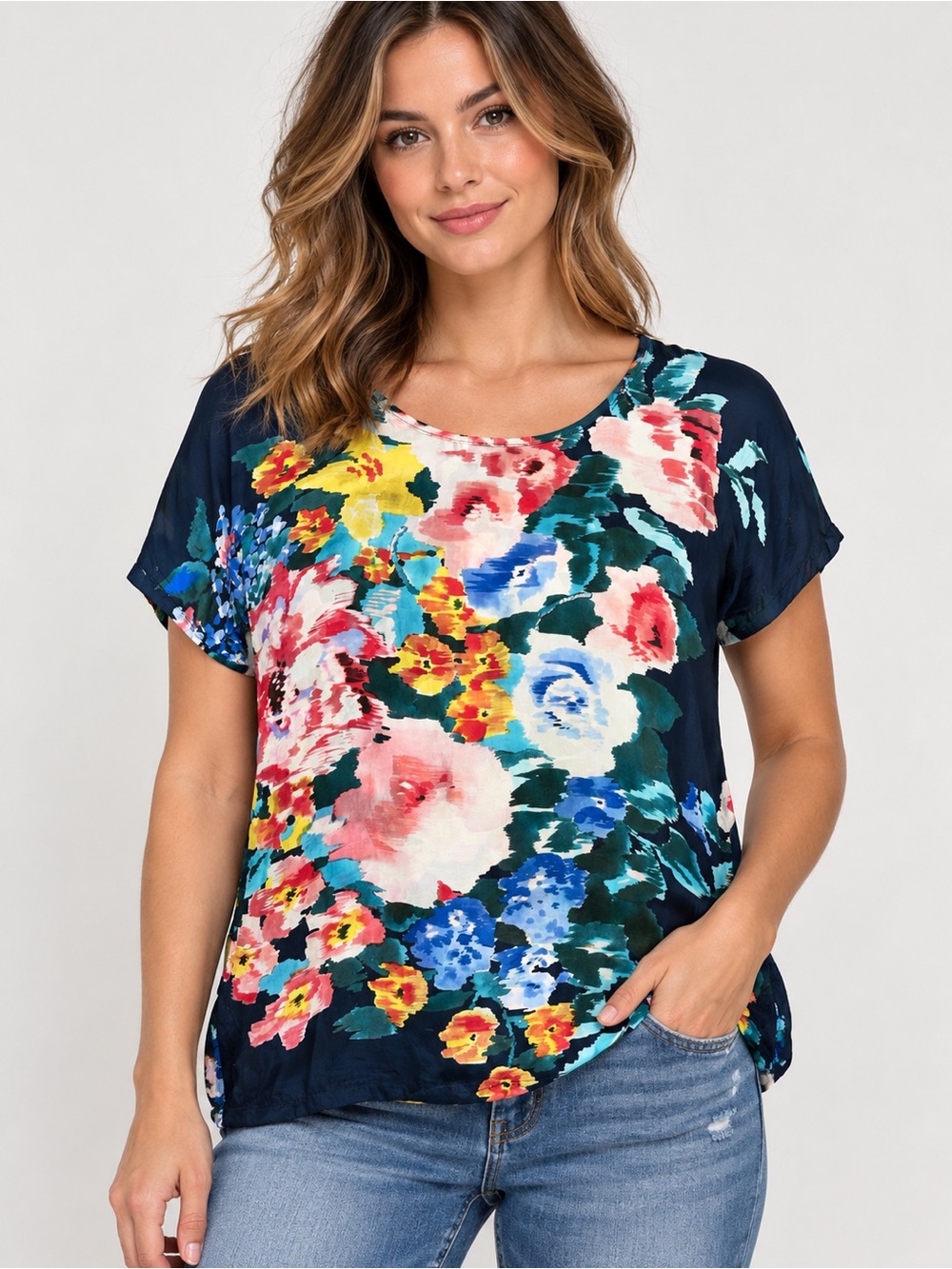 Johnny Was Women’s M Silk Watercolor Floral Blouse Vibrant Casual Artwork Chic